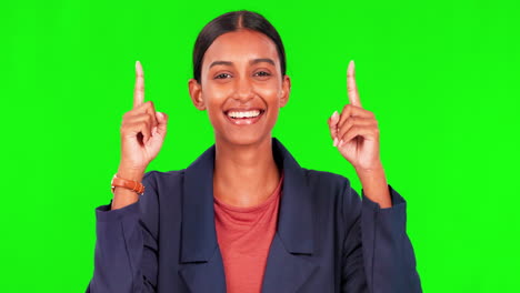 Happy-woman,-pointing-up-and-green-screen