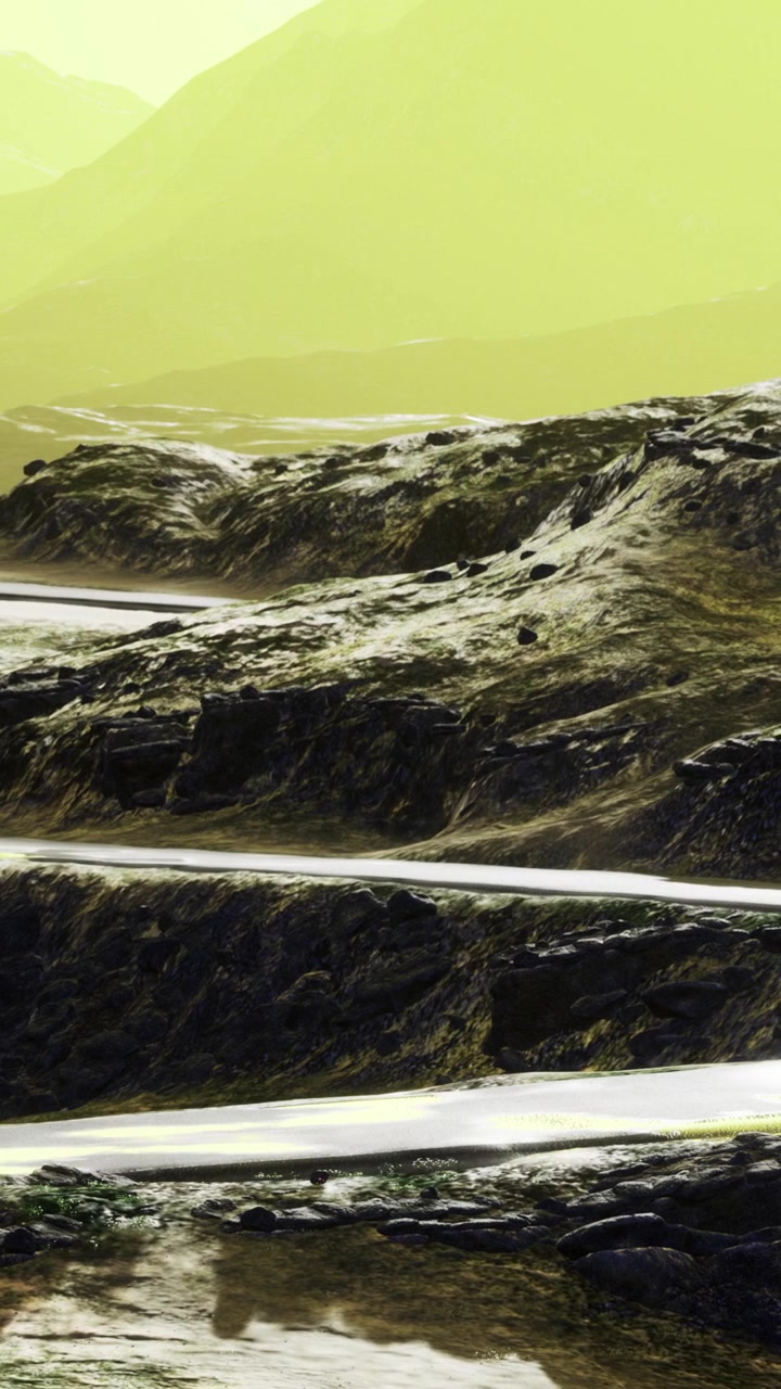 Landslide at distant location with a yellow sky and rocky terrain