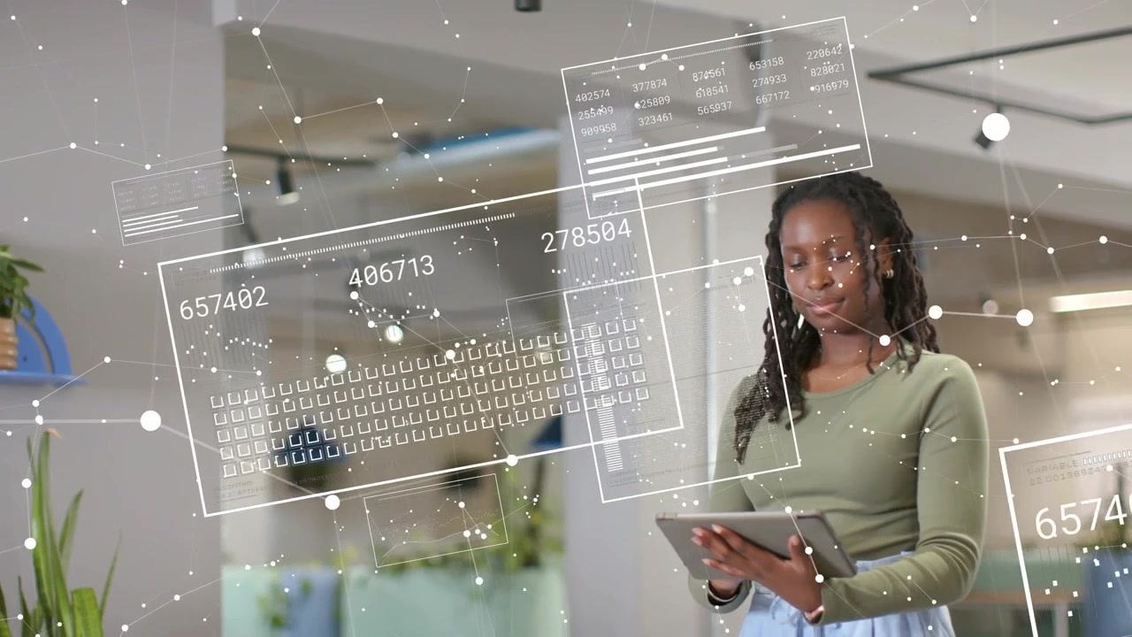 Woman tapping tablet and shifting gaze in technology office, updating holographic data panels