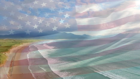 animation of flag of united states of america waving over beach landscape, sea and cloudy blue sky