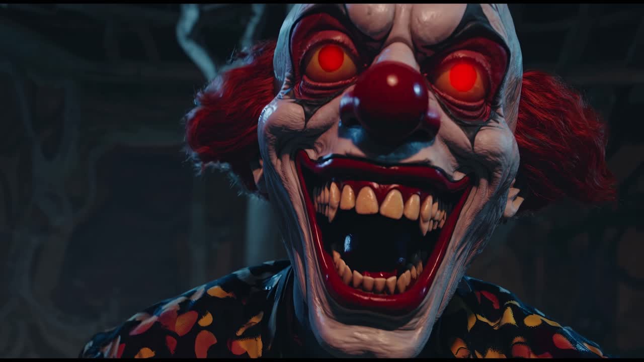Figura inquietante di un clown con occhi rossi brillanti e un sorriso minaccioso, che emerge dalle ombre, mettendo in mostra dettagli vividi ed espressione sinistra in un'ambientazione oscura e suggestiva
