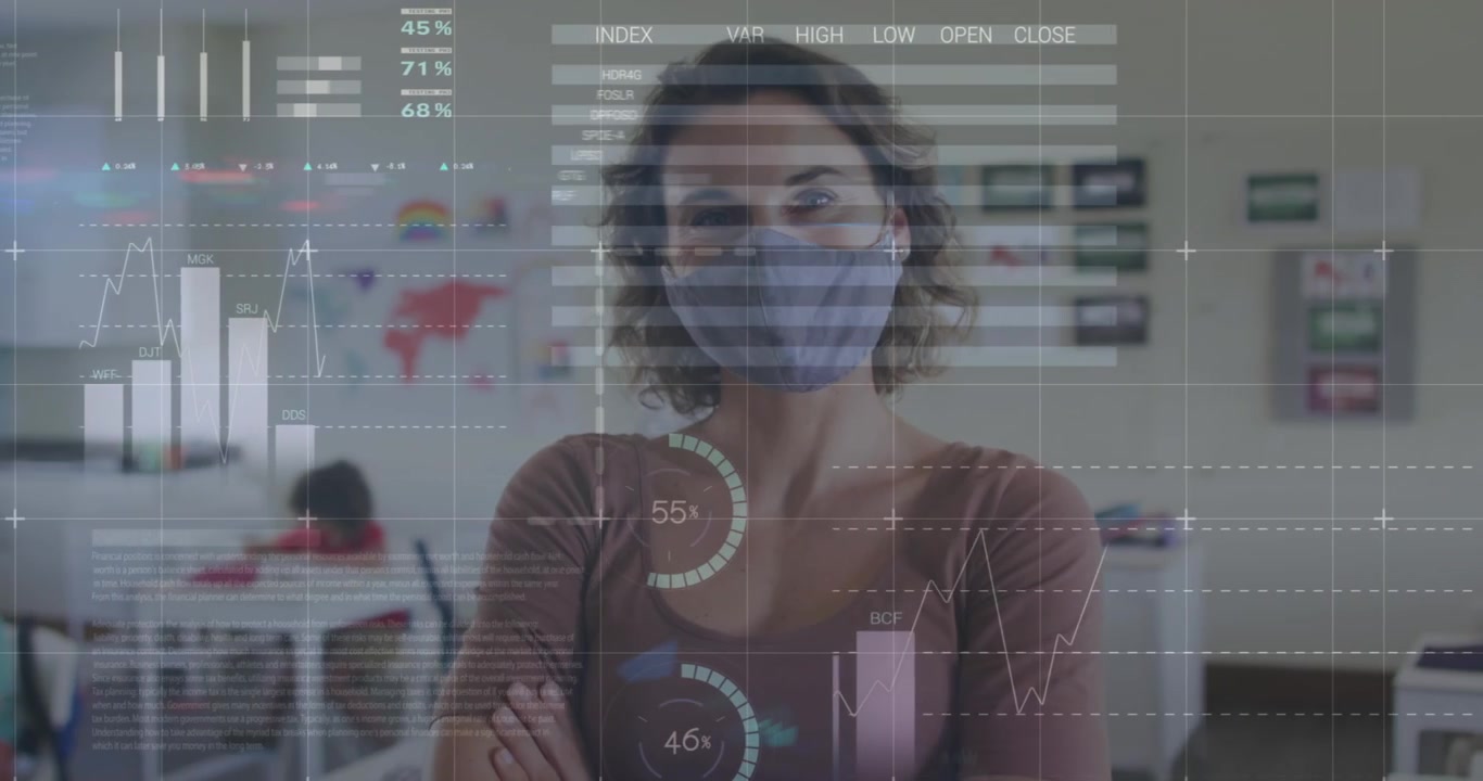 Animation of data processing over caucasian businesswoman with face mask
