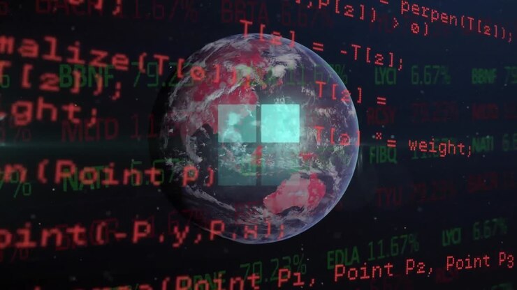 Animatie van computertaal over vierkanten op een wereldbol tegen een handelsbord op zwarte achtergrond
