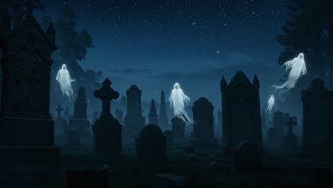 ethereal spirits haunting an enigmatic graveyard under a starlit sky: a mysterious encounter with ghostly entities at night