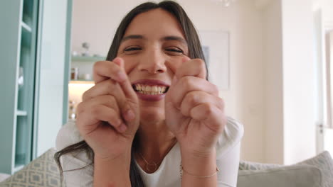 video call, waving hello and happy woman having