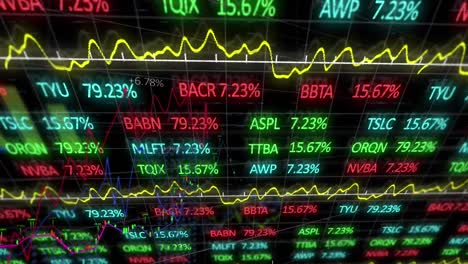 animation of statistical and stock market data processing over grid network against black background