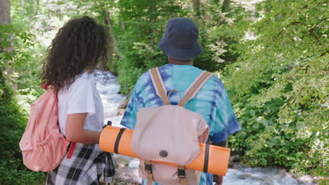 hikers enjoying a scenic forest path near a river