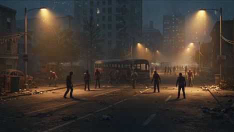 desolate urban nightmare: a haunting scene of zombies wandering through a darkened city street under eerie streetlights in the dead of night
