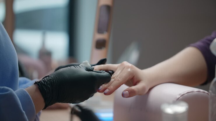 una mujer haciendo una manicura en un salón.