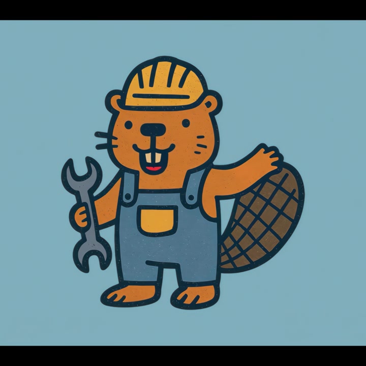 Animated Cartoon Beaver Construction Worker Holding a Wrench