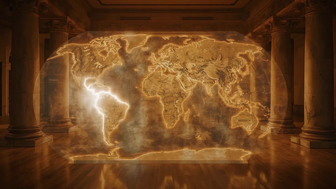 A Holographic World Map Surrounded by Columns