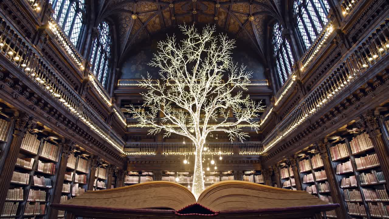 A glowing tree emerges from an open book in a grand library, captured from a low angle