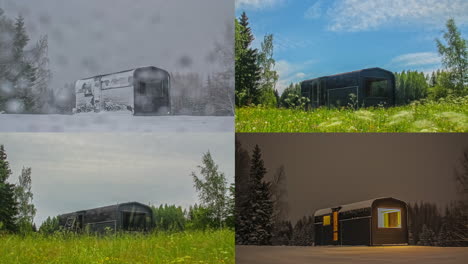 Time-lapse-shot-of-wooden-cabin-outdoors-in-nature---Spring,summer,autumn-and-winter-season---flying-clouds-at-sky--weather-change