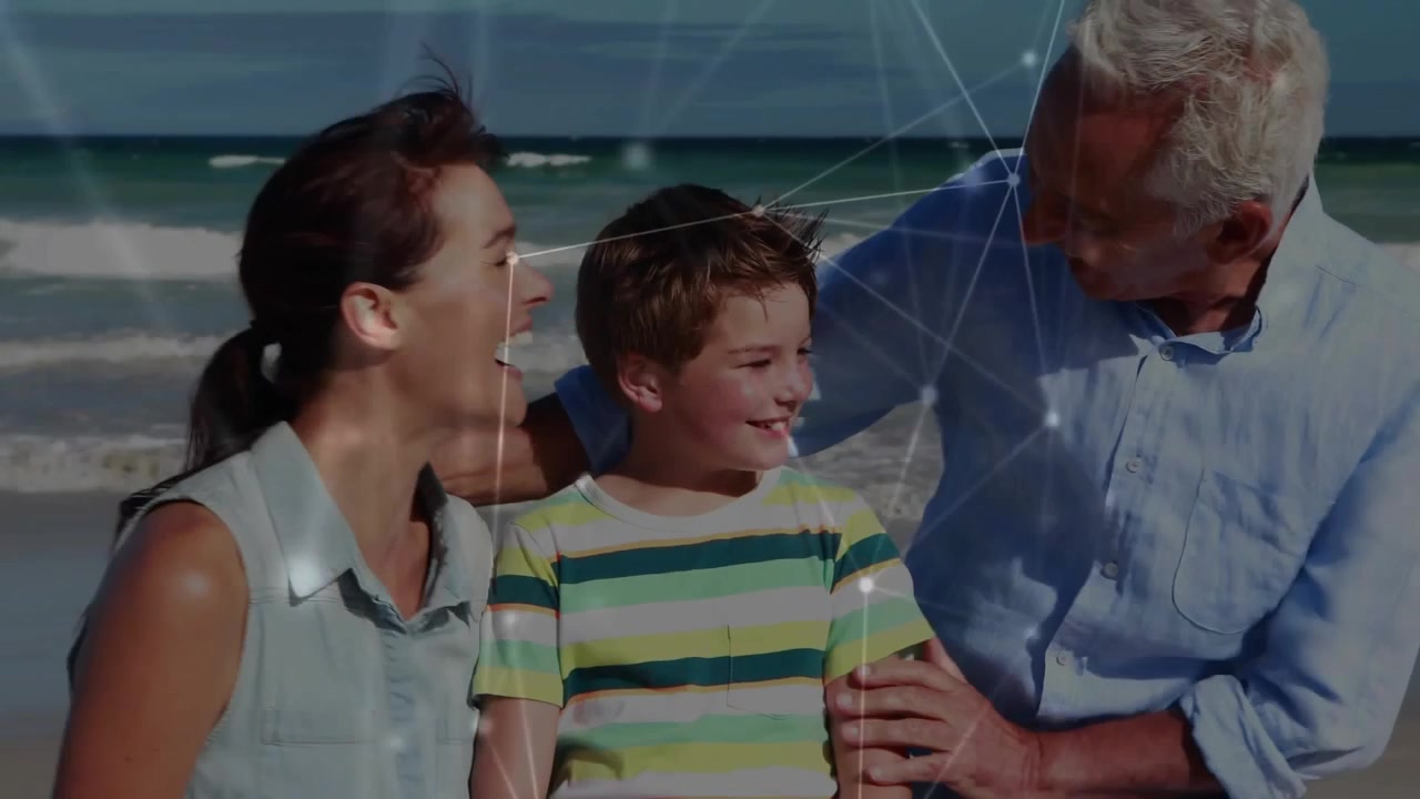 Mother leaning, grandfather placing hand on son, initiating beach bond with tech overlay