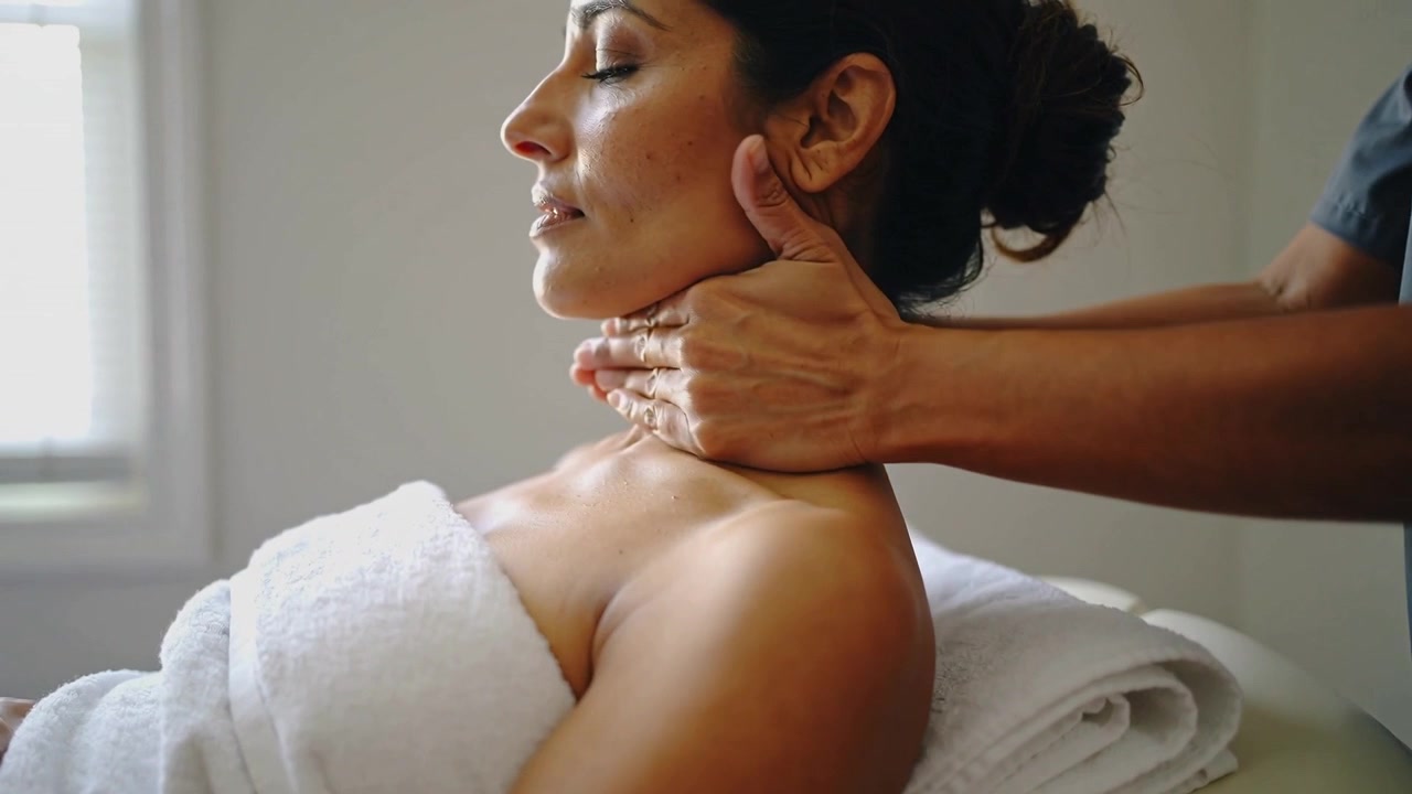 Thérapeute en chemise sombre posant les mains, massant le cou et l'épaule d'un client enveloppé dans une serviette, se relaxant dans un spa.