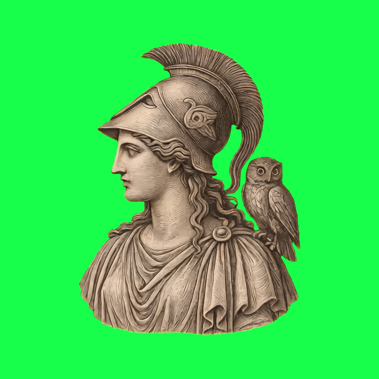 Scultura di antica dea con animazione di gufo, video 4K trasparente, green screen.