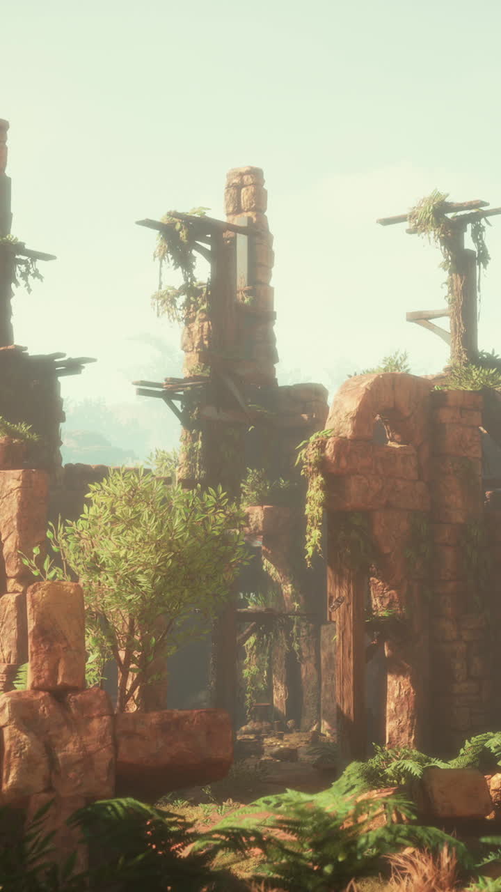 열대 정글 에 있는 잔해 로 가득 찬 폐허