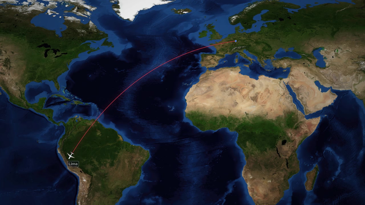 Satellite world map animation follows a plane flying from Frankfurt to Lima across Atlantic