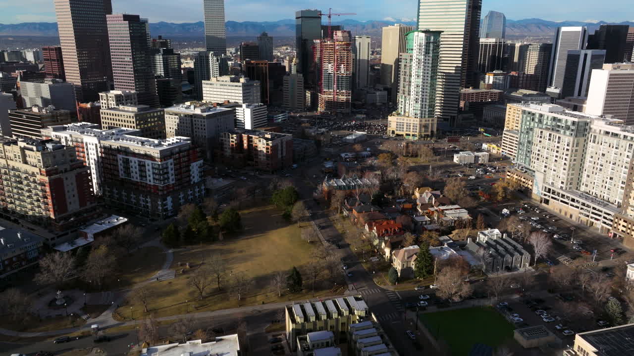 Drone view of Denver cityscape and skyline