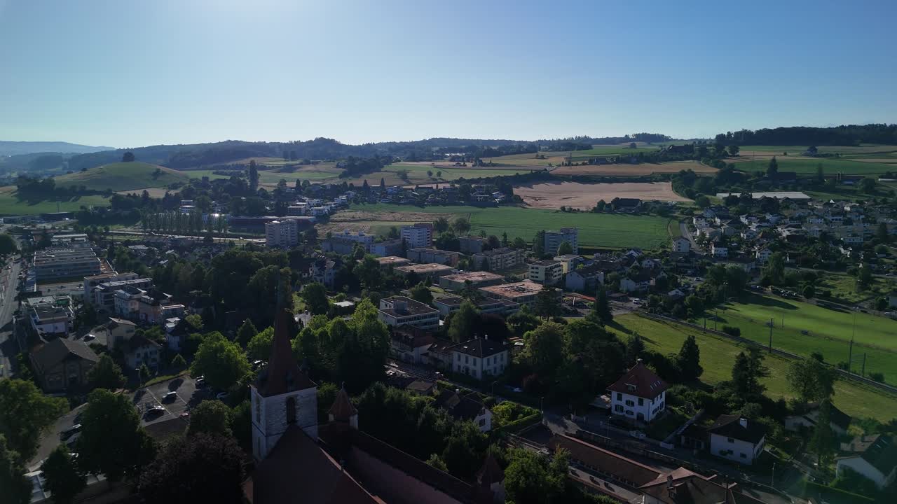 Fribourg region Switzerland aerial drone Murten old medieval town countryside