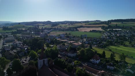 fribourg region switzerland aerial drone murten old medieval town countryside