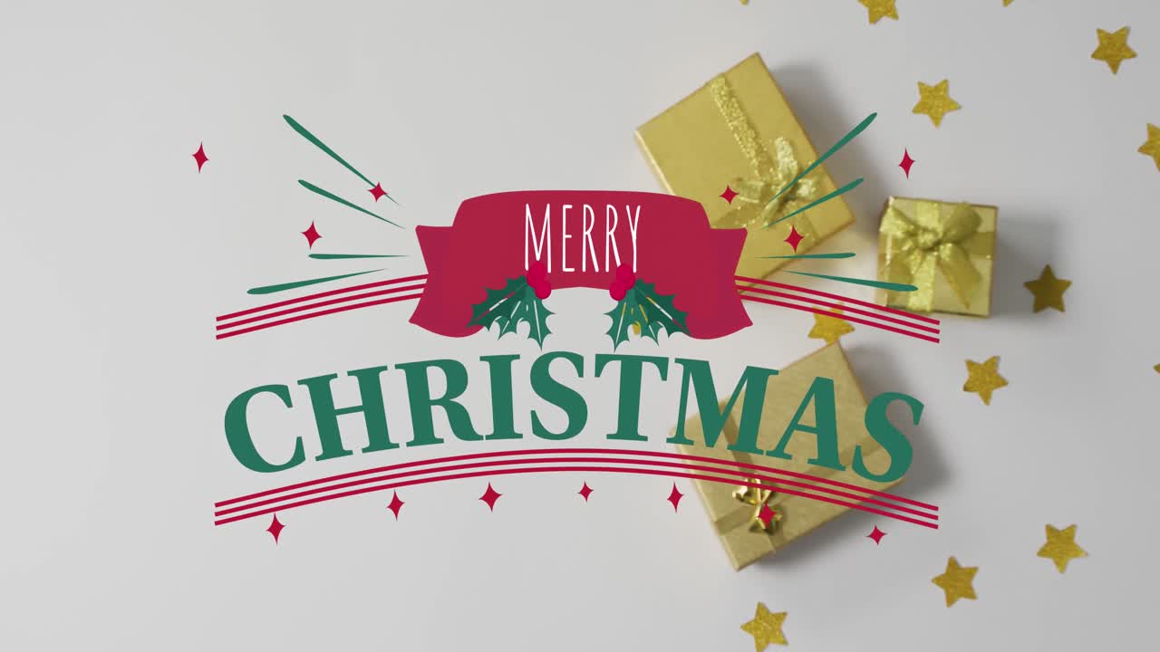 animación de texto de feliz navidad sobre estrellas y regalos