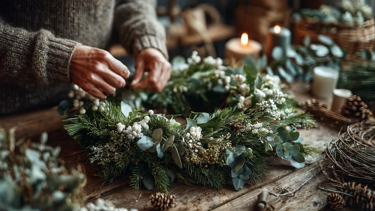 Crafting a Festive Wreath: A Hands-On Approach to Creating Natural Decorations with Greenery and Candles in a Cozy Atmosphere