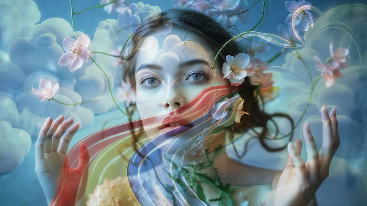 Ethereal Woman with Flowers and Abstract Elements