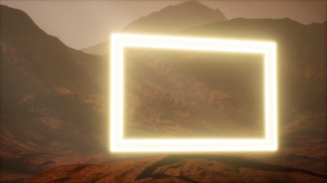 portal de neón en la superficie del planeta marte con el soplo de polvo