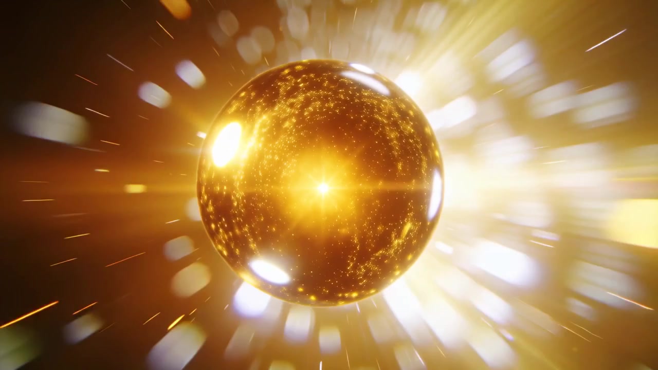 Brightening golden orb charging and emitting radial flare and bokeh in dark field, ending starburst
