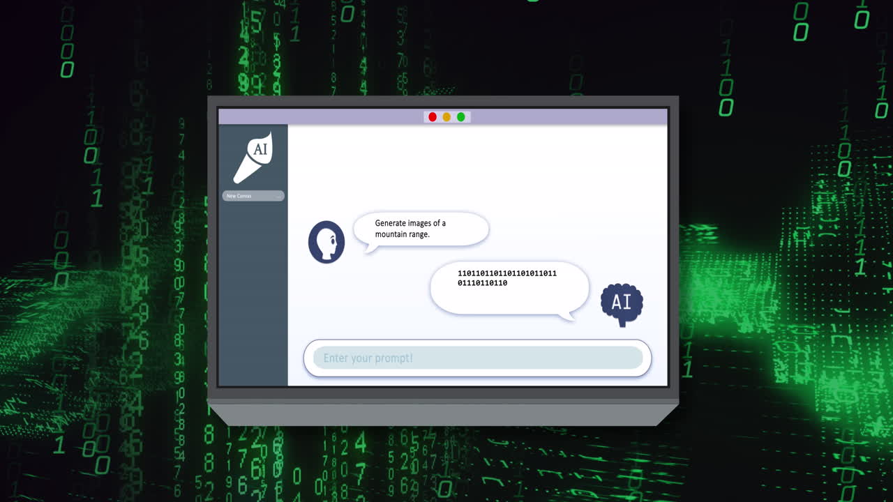 animación de un texto y procesamiento de datos de codificación binaria sobre la pantalla