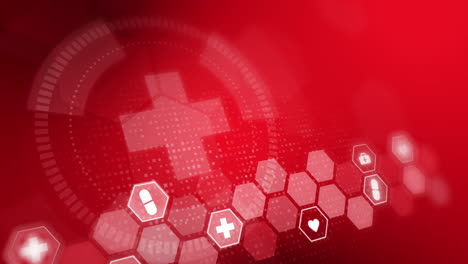 loop medical red background and healthcare technology with flat hexagon symbols. concept and idea for health care business, innovation medicine. 3d animation of medical cross and icons.