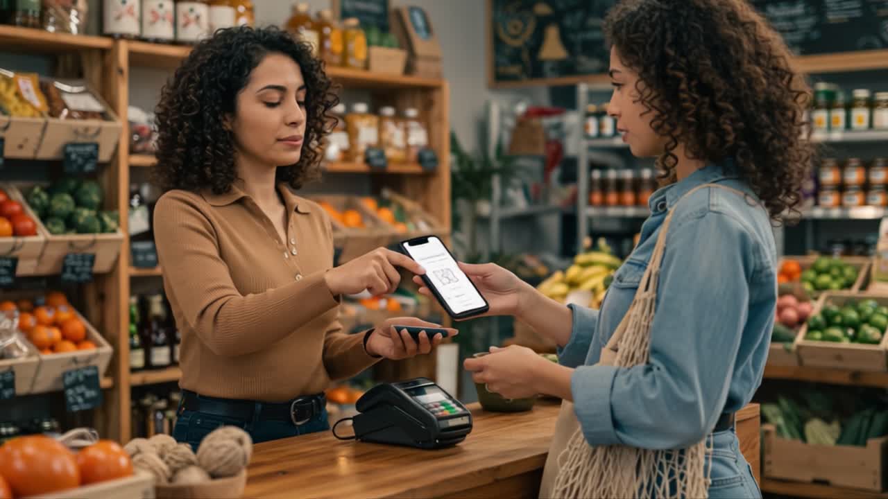 Engaging interaction at a local store checkout, showcasing a customer making a digital payment with a mobile device while the cashier assists with a friendly smile