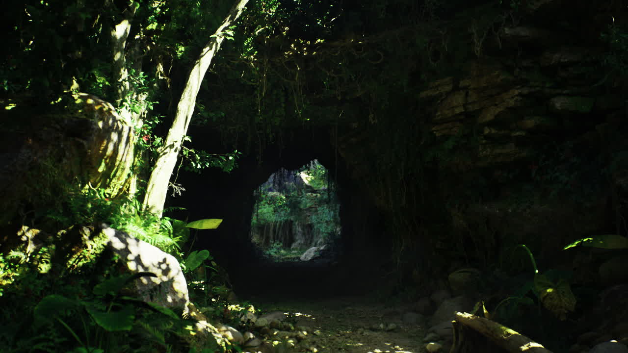 Mysterious cave entrance surrounded by lush greenery and sunlight