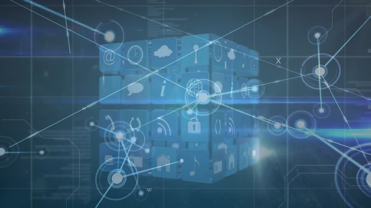 아이콘과 데이터 처리로 연결 네트워크의 애니메이션