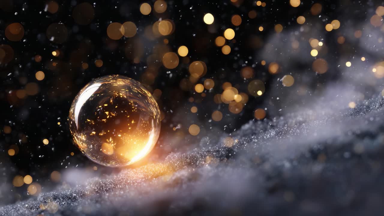 Una bolla scintillante catturata in una scena magica con particelle scintillanti e un'atmosfera da sogno, che mostra riflessi di luce e profondità di campo.