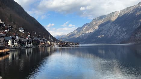 picturesque town hallstatt austria with aerial alpine lake winter view