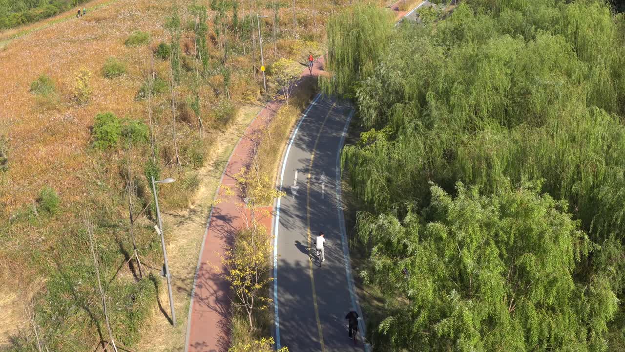 한강 근처에서 자전거를 타는 사람들의 동작대교에서 보기