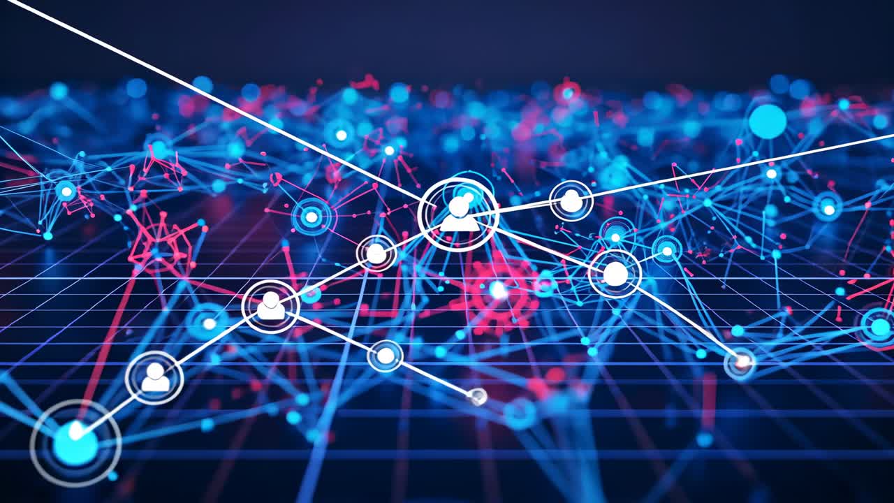 Building white central avatar node on neon grid plane, linking six nodes to connect users
