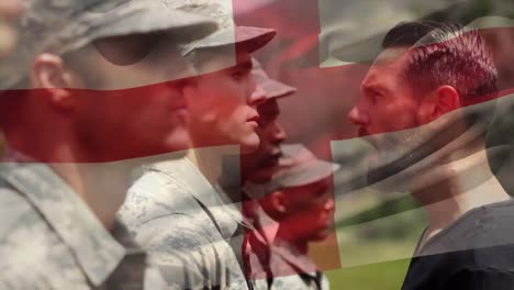 waving england flag against army sergeant screaming in anger on a soldier at training camp