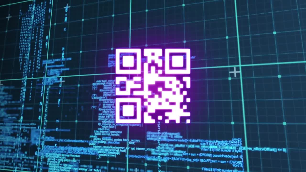 animación del código qr sobre el procesamiento de datos en fondo negro