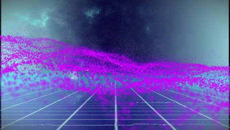 animation of purple particles forming wave pattern over grid with digital effects