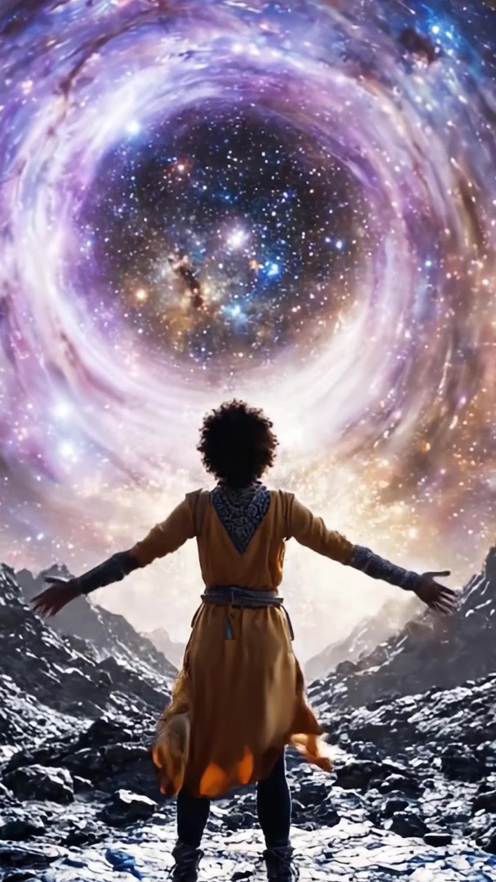 Un Viaggio Cosmico: Svelando i misteri dell'universo attraverso gli occhi di un viaggiatore che abbraccia infinite possibilità in uno straordinario paesaggio celeste.