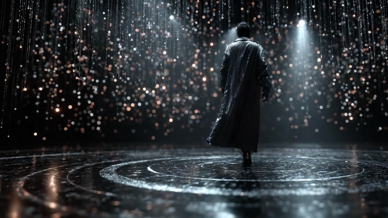 A mesmerizing journey through a cascade of shimmering lights and reflective surfaces, featuring a solitary figure in a flowing cloak, creating a dynamic dance visual amidst a captivating atmosphere