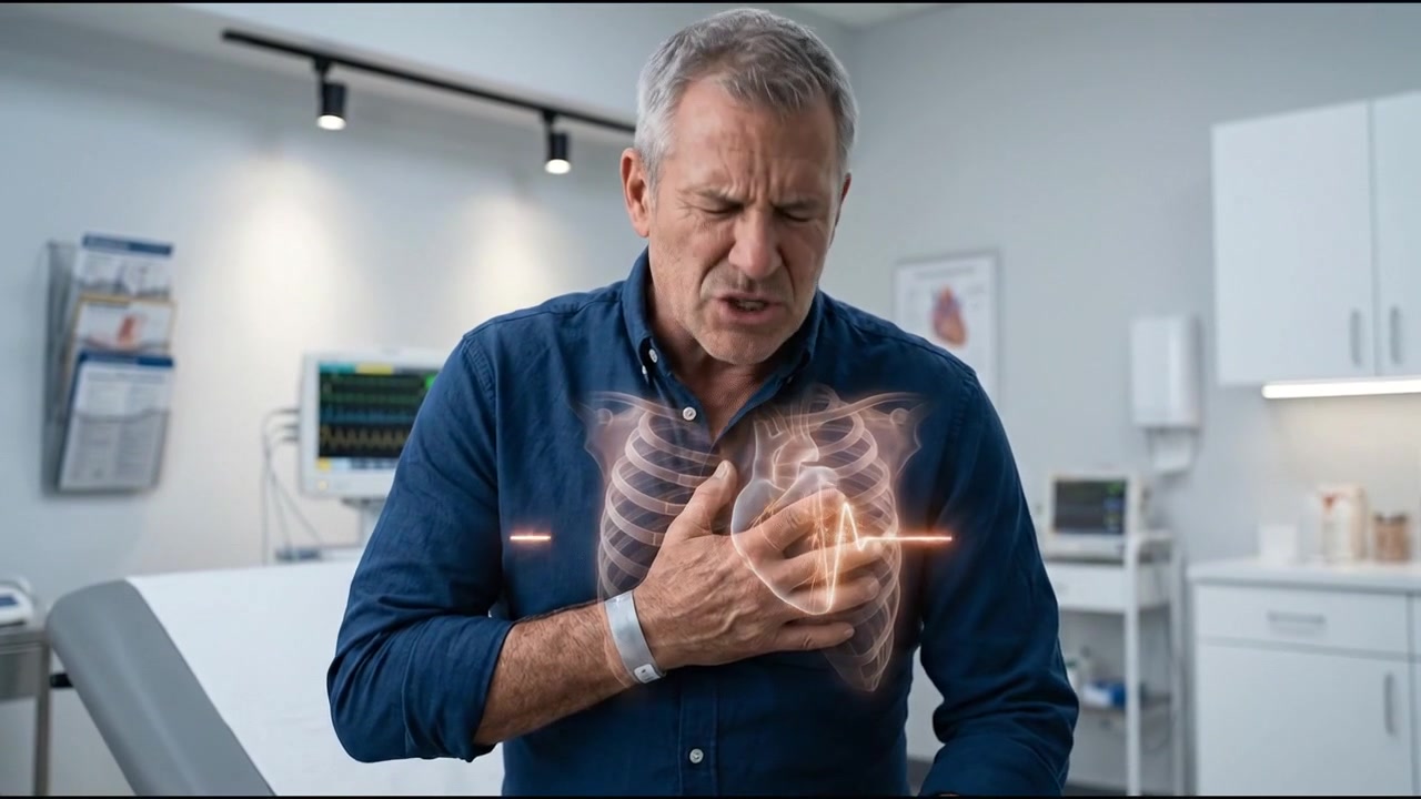 Mature Man Experiencing Heart Attack Symptoms in Medical Clinic