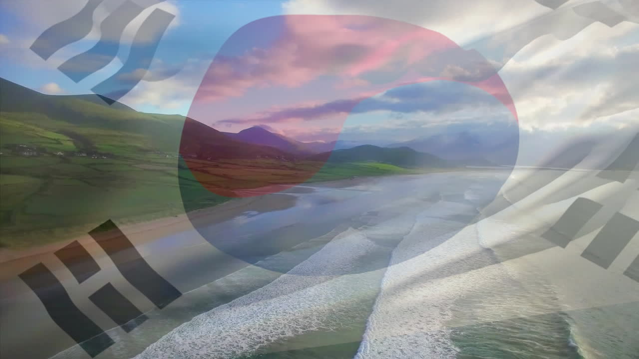 바다 풍경 위에 날아다니는 한국 국기 애니메이션