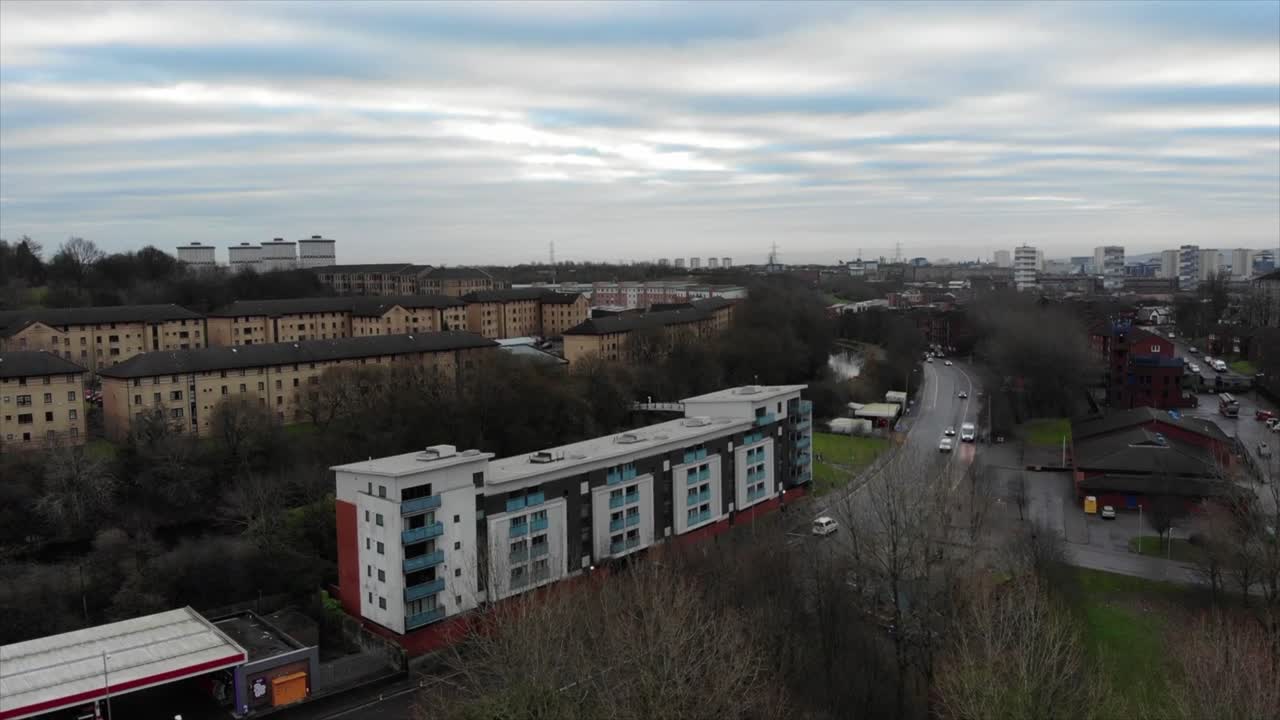Glasgow West-Side urban housing landscape from above on a Cloudy Day in Scotland, UK