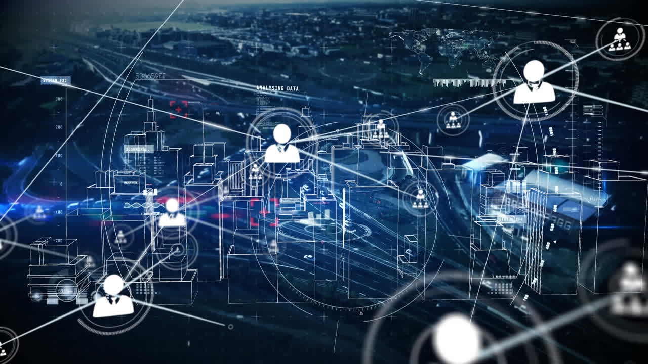 Animazione di una rete di connessioni con icone di persone su un paesaggio urbano.