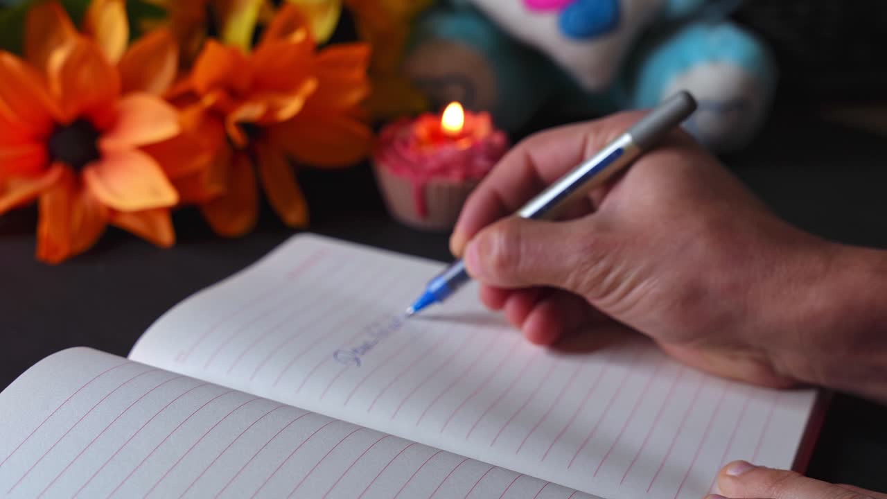 Close-up of hand writing Valentine message in lined notebook with blue pen, orange flowers and lit candle in soft bokeh, cozy indoor low-light romance scene