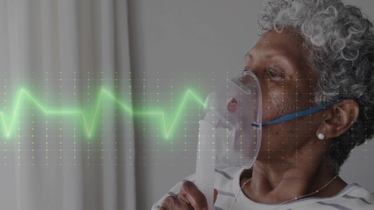 Animation of data processing over african american senior female patient with oxygen mask